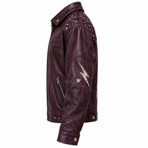 <b>Purple</b> <b>Mens</b> Leather Jacket Rock Bat Graphic Studded Lapel Collar Biker Coat Custom OEM ODM Factory Wholesale Production Offer - Product Image 4