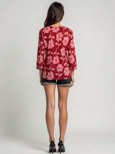 Blusa Floral Bordada Estampada de Cuello Cuadrado con Botones Delanteros para Mujer, Casual de Verano, Manga Tres Cuartos, Gasa, Estilo Bohemio, Ligera y Elegante - Product Image 4