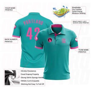 เสื้อโปโลไมโครโพลีเอสเตอร์สีชมพูอควาแบบกำหนดเอง เสื้อโปโลตกปลา แห้งเร็ว ระบายความชื้นได้ดี - Product Image 4