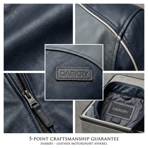 Blouson de motard en cuir bicolore gris marine personnalisé pour homme, avec col à boutons-pression, empiècement contrastant, patch bouclier, ceinture à boucle latérale - Product Image 6