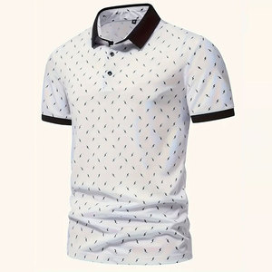 <b>Men's</b> <b>White</b> <b>Short</b> <b>Sleeve</b> Polo <b>Shirt</b> With Black Lightning Pattern Contrast Trim Regular Fit Casual Knitted Fabric Plus Size <b>Men's</b> - Product Image 3