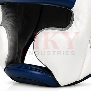 Casque de boxe OEM ODM bleu et blanc avec rembourrage antichoc, en cuir PU durable, ajustement réglable, protège-dents confortable et large - Product Image 5