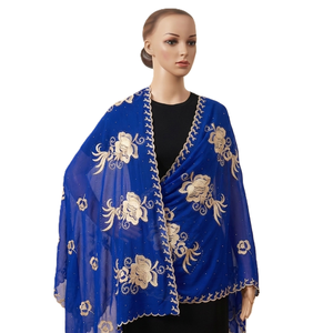 Women's Blue <b>Chiffon</b> Hijab Floral Embroidered Rhinestone Lightweight Breathable Ethnic <b>Scarf</b> Africa Style Daily Wear AHE-Textile - Product Image 1