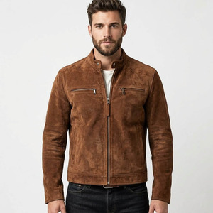 Custom <b>Men's</b> Brown <b>Suede</b> Leather Cafe Racer <b>Jacket</b> Genuine Cowhide Motorcycle Biker <b>Jacket</b> Stand Collar OEM Wholesale - Product Image 1