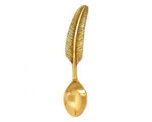 Cucharas de té de latón indio chapadas en oro, forma redonda, diseño de hojas de plumas, uso personalizado para restaurante, venta al por mayor - Product Image 1