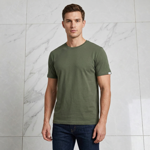 T-shirt en jersey de coton vert olive pour homme, manches courtes, col rond, style décontracté, logo sur la manche gauche, grande taille, hip-hop, respirant, écologique - Product Image 4
