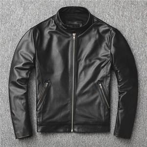 Veste de moto pour homme en cuir véritable noir, imperméable, respirante, col montant, fermeture éclair, coupe ajustée, longueur normale, couleur unie - Product Image 3