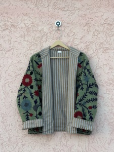 Maaunique Hand Embroidered Breathable Cotton <b>Velvet</b> Floral Bomber Suzani Eco-Friendly Festival Winter Unisex <b>Jacket</b> O-Neck Full - Product Image 5