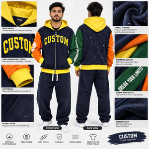 Sweat à capuche zippé pour homme avec strass et blocs de couleur, style universitaire personnalisé, streetwear, en molleton, à panneaux multicolores, style urbain USA - Product Image 4