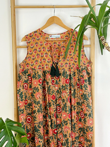 Robe longue élégante et confortable en pur coton imprimé bloc indien respirant été sans manches taille naturelle teint par cravate tissage vêtements de jour - Product Image 4