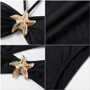 Women's Black One-Piece Swimsuit With Gold Starfish Cut-Out Design <b>Crossed</b> Halter Neckline High Waist Bandeau Style - Product Image 4