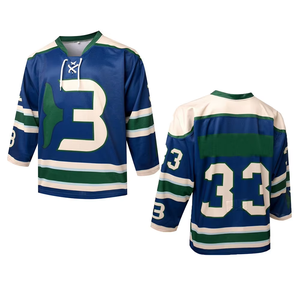 Maillot de hockey sur glace personnalisé, rayé bleu, vert et blanc, col en V, manches trois quarts, sublimé, vêtements pour hommes adultes - Product Image 1