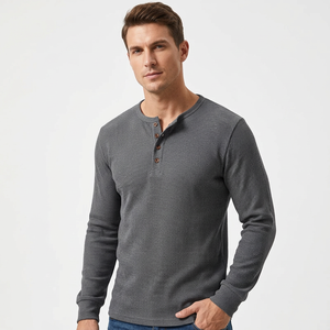 T-shirt Henley à manches longues pour homme, coupe classique, gris uni, tricoté, 100% coton, décontracté, respirant, col rond, séchage rapide - Product Image 3
