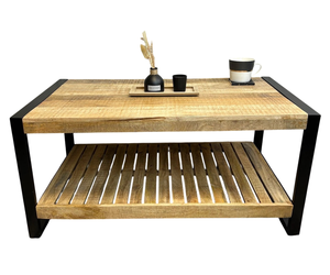 Table basse industrielle en bois de manguier massif et métal avec pieds en fer noir thermolaqué, élégante et pliable pour salon - Product Image 2