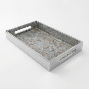 Plateau carré en nacre, fait main, mosaïque MOP, plateau de service blanc crème, incrustation de coquillages, plateau décoratif pour table basse - Product Image 2