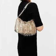 Sac à bandoulière artisanal doré à franges métalliques pour femme, pochette de soirée vintage perlée à pompons, sac à main de fête Y2K Craftera Exports - Product Image 2