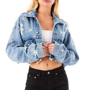 Veste en jean courte pour femme, style camionneur, manches longues, col rabattu, étoiles brodées, coton délavé, style décontracté printemps - Product Image 3