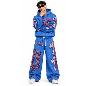 Ensemble de survêtement streetwear bleu à imprimé intégral, style unique, délavé à l'acide, 100% coton épais, coupe régulière, sweat à capuche zippé et pantalon - Product Image 2