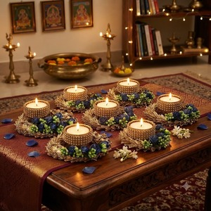 Support de bougie artisanal écologique couleur or, porte-bougie chauffe-plat décoratif, lanterne de table pour Diwali, Noël et la maison - Product Image 1