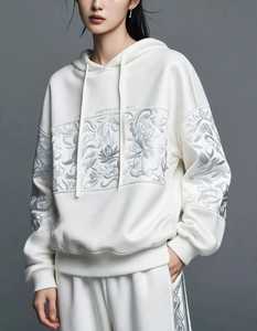 Sudadera con capucha blanca para mujer, bordado floral en 3D, corte holgado - Product Image 2