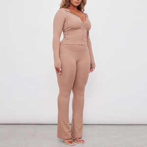 Conjunto Deportivo de 2 Piezas para Mujer, con Capucha, Color Sólido, Logotipo Personalizado, 100% Algodón, Cierre de Cremallera, Sudadera Holgada Informal de Manga Larga - Product Image 1