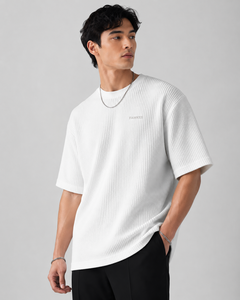 FAWKES Men's White <b>Waffle</b> Knit Oversized Short Sleeve T-<b>Shirt</b> O-Neck Casual Breathable Solid Color Design wholesale rate - Product Image 1