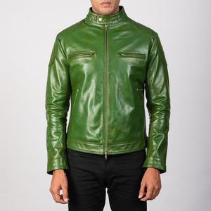 Chaqueta de cuero genuino de piel de cordero para hombre, con logotipo personalizado, estilo motero, color verde metálico. - Product Image 6