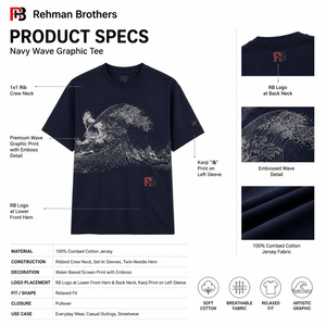 Camiseta de algodón para hombre, azul marino, con estampado de ondas, manga corta, cuello redondo, corte regular, tejido jersey, diseño serigrafiado. - Product Image 4