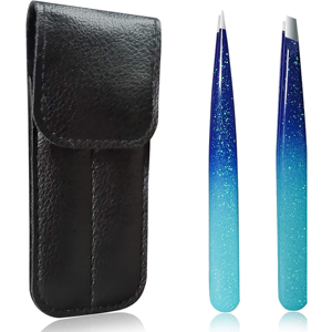Juego de Pinzas para Cejas de Acero Inoxidable con Punta Inclinada en Degradado Azul Cielo, Estuche de Cuero PU, Herramienta de Belleza de Precisión, OEM - Product Image 1