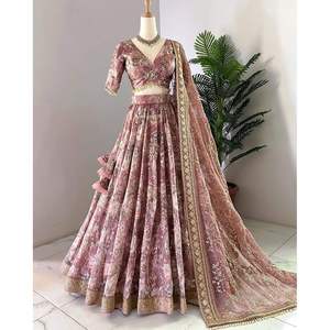 DESIGNER CHINON SILK DIGITAL PRINT EMBROIDERY SEQUENCE WORK LEHENGA CHOLI with DUPATTRA PEACH - Product Image 1