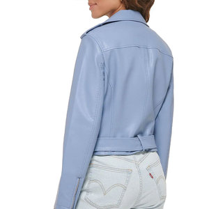 Blouson moto en cuir PU bleu clair pour femme avec fermeture éclair et ceinture à la taille, manches longues, col ouvert, style automne - Product Image 4