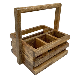 Porte-ustensiles rectangulaire en bois avec 3 compartiments et poignées en cuir, style rustique, pour la vaisselle - Product Image 5