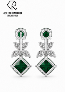 Pendientes de Gota con Esmeralda Corte Cojín Verde y Diamantes Marquise con Motivo Floral, Parte Superior Redonda, Joyería Fina de Lujo para Novia y Aniversario - Product Image 3