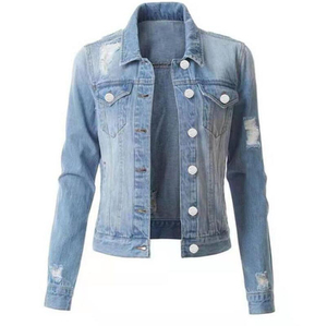 Veste en jean pour femme, style camionneur, manches longues, col rabattu, fermeture boutonnée, coton délavé, style printemps, respirante, vente en gros - Product Image 1