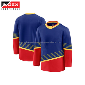 Camiseta de Hockey sobre Hielo INDEX, Cuello en V, Manga Larga, Sublimada, Rayas Azules, Rojas y Amarillas, para Hombre Adulto, Corte Regular, Poliéster que Absorbe la Humedad - Product Image 1