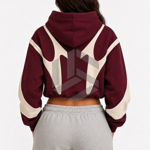 Women's <b>Cropped</b> <b>Zip</b>-<b>Up</b> Hoodie Color Blocked Maroon for Full Sleeve Hooded Sweatshirt Breathable Knitted Fabric Winter Front - Product Image 4