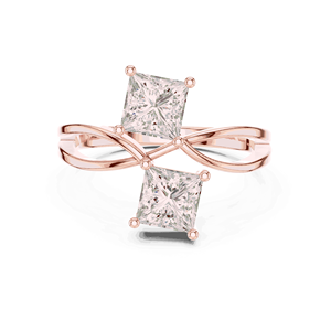 Bague de fiançailles unisexe Toi et Moi en or massif 18 carats, couleur E, double taille princesse, à quatre griffes partagées, avec tige fendue croisée - Product Image 3