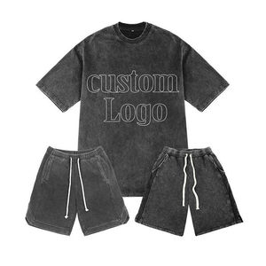 2026 Mens Custom Logo <b>2</b> <b>Piece</b> Summer <b>Set</b> Streetwear Jogging Outfit with Vintage Acid Washed T-Shirt & Shorts Casualwear Fashion - Product Image 1