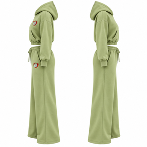 Conjunto de dos piezas de sudadera corta y pantalones anchos de algodón polar para mujer, personalizado por OEM, directo de fábrica. - Product Image 3