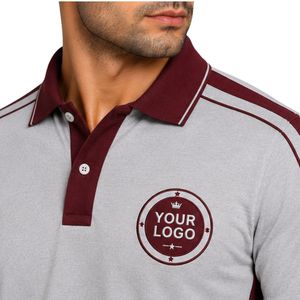 Polo homme gris clair premium avec col contrastant bordeaux, empiècements aux épaules et sur les manches, broderie de logo personnalisée, manches courtes - Product Image 3
