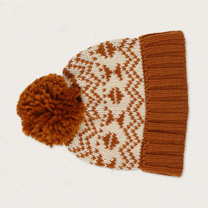 Unisex Knitted Beanie <b>Hat</b> With Pom-Pom Geometric Pattern Brown And Cream Winter <b>Cap</b> Casual Style For Adults 56-58CM - Product Image 4