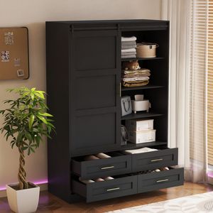 Armadio Alto per Camera da Letto con Asta Appendiabiti, Ante Scorrevoli, Cassetti e Ripiani Aperti per Organizzazione e Conservazione Vestiti - Product Image 3