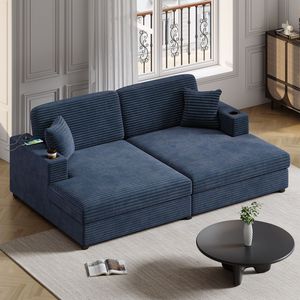 Divano letto componibile oversize in velluto a coste da 220 cm con due porte USB, due portabicchieri e due tasche portaoggetti - Product Image 5