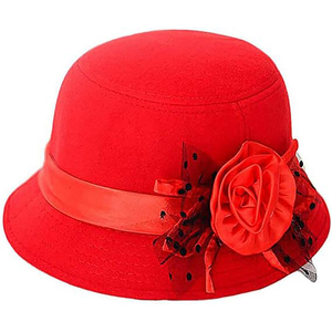 Chapeau Fedora en lin rouge élégant avec bande en satin à fleur de rose, chapeau d'église classique vintage pour femme, cloche de fête printemps automne - Product Image 1