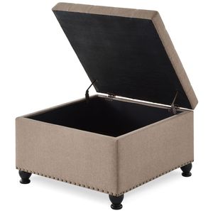 Grande Pouf Quadrato in Lino Imbottito con Bottoni e Gambe in Legno per Salotto con Funzione di Contenitore - Product Image 5