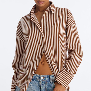 Camisa a rayas de manga larga estilo boutique para mujer, talla grande, con cuello vuelto, blusa informal de algodón, top de moda primaveral para mujer - Product Image 1