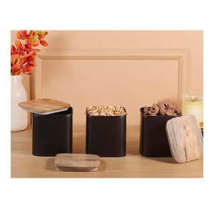 Airtight White Metal Kitchen Canister <b>Set</b> With Natural Wood Lids 3-Piece Modern Farmhouse Food Storage Containers For Pantry <b>Tea</b> - Product Image 2