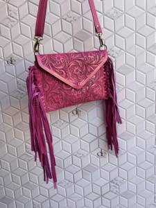 Bolso de mano con flecos personalizado al por mayor, bolso de cuero auténtico tallado a mano, bolso bandolera de color rosa, bolsos elegantes occidentales - Product Image 2