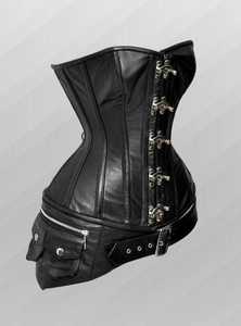 Women's Black Leather Corset <b>Shapewear</b> with Hook-and-Eye Closure and Belted Waist Control Side Packet Zip Steel Boned - Product Image 2