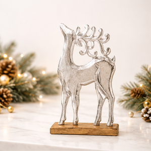 Sculpture de renne en métal argenté moderne faite à la main pour base en bois, figurine de Noël élégante pour la maison, la table, les fêtes et les mariages - Product Image 5